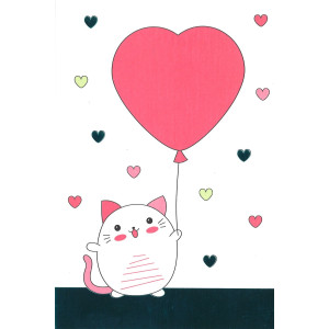 Tervehdyskortti Kissa ja sydän ilmapallo