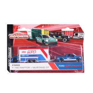 Majorette Race Trailer Ford F-150 Raptor + Mustang GT