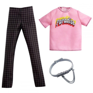 Barbie Fashion Ken Clothes Pink T-shirt & checkered pants GRC74
